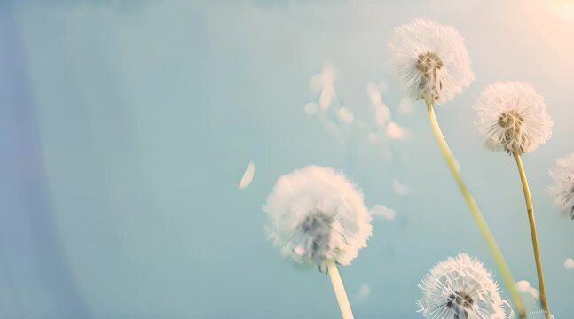 Dandelion fluff background for aesthetic minimalism style background. Light blue color wallpaper with elegant and light flying fluffs on empty wall