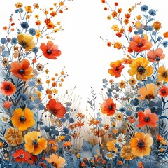 Autumn colored flowers and leaves on a white background. 