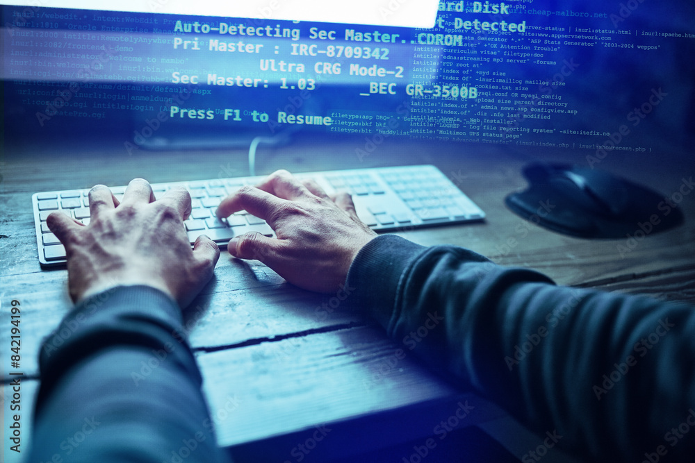 Fototapete hands, hacker and cyber security, computer and online cybercrime. data protection, overlay and digit