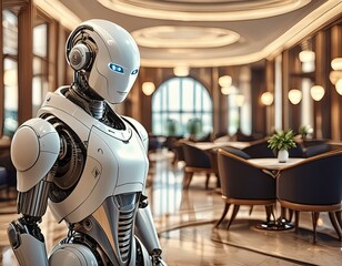 AI robot ready to assist in a modern hotel lobby. Shallow field of view.