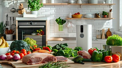 Air purifier in a bright kitchen, surrounded by a variety of fresh vegetables and meat