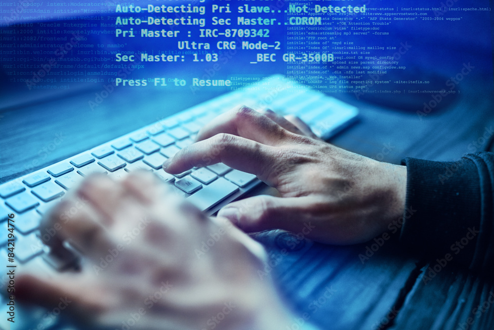 Fototapete hands, hacker and cyber security, overlay and website access. data protection, online cybercrime and