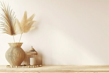 Obraz premium Living room wall mockup in light beige neutral Japandi style interior with dried palm leaves, wicker lantern and wooden beads garland on empty warm white background. 3d rendering, 3d illustration