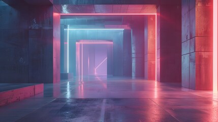 Obraz premium 3D Rendering. Geometric figure in neon light against a dark tunnel. Laser glow.
