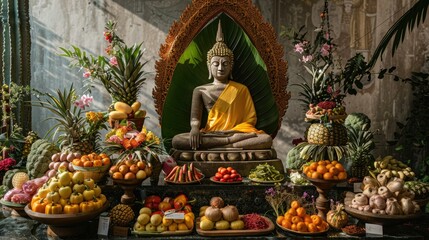 Exquisite convex frame with Buddha, yellow robe, Thai art, nature backdrop, surrounded by fresh produce and meat
