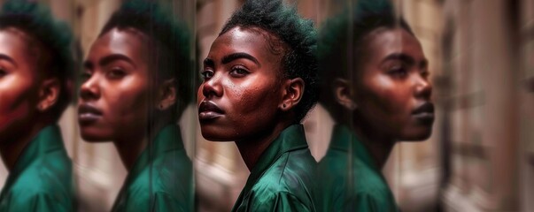 Fototapeta premium Portrait of a person with short hair in green clothing reflecting in mirrored surfaces, creating a unique visual effect in an outdoor setting