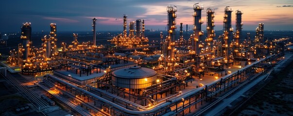 Aerial view of a brightly illuminated industrial refinery complex at dusk, showcasing towering structures and interconnected pipelines against a twilight sky