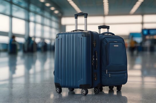 Two blue suitcases isolated with a background of the airport. Travel by air