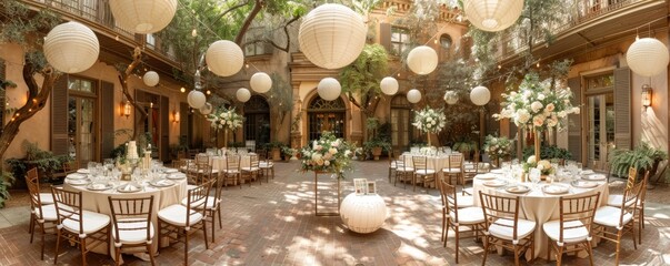A beautifully decorated courtyard set up for an elegant evening wedding reception with round tables, white lanterns, and floral centerpieces surrounded by greenery