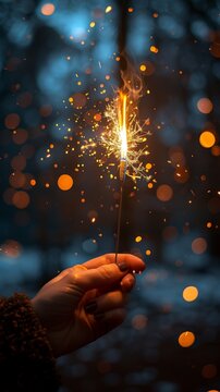 A hand holding a sparkling, lit sparkler against a softly blurred background with sparkling bokeh lights, creating a festive and magical atmosphere