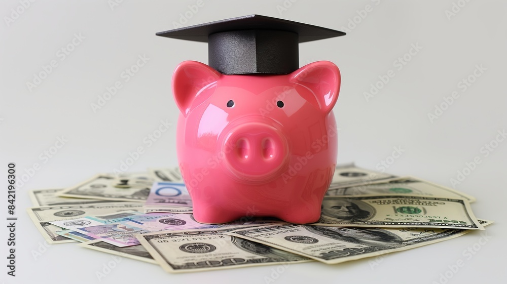 Canvas Prints Pink Piggy Bank with Graduation Cap on Dollar Bills - Canvas Prints