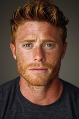 Obraz premium Portrait of a bearded man with red hair and freckles, wearing a dark shirt against a neutral background, showcasing natural expressions and details