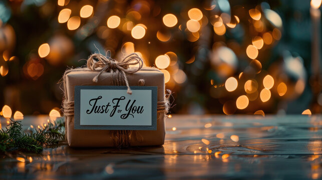 Elegant Gift Box with "Just for You" Tag and Festive Bokeh Lights Background