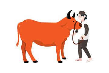Eid Al Adha Mubarak vector illustration. Muslim Man Pulling Cow for Sacrifice Islamic Festival.