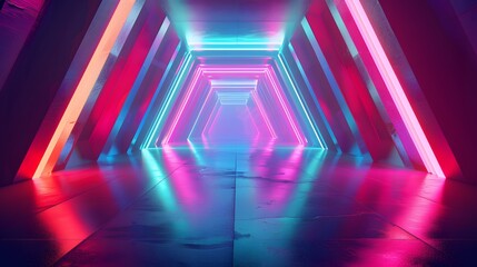 3D Rendering. Geometric figure in neon light against a dark tunnel. Laser glow.