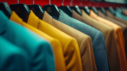 Fototapeta premium A colorful assortment of suits hanging in a row on black hangers, displaying a variety of fabric textures and shades in a neatly organized fashion closet