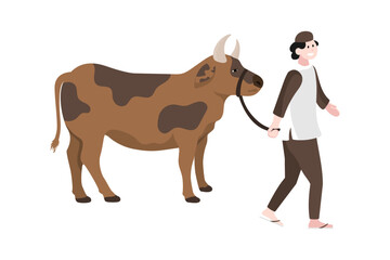 Eid Al Adha Mubarak vector illustration. Muslim Man Pulling Cow for Sacrifice Islamic Festival.