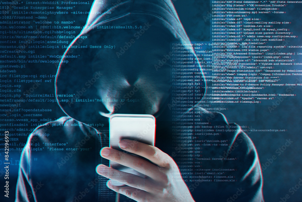 Poster cyber security, smartphone and hacker, internet web technology and man for online cybercrime. data p