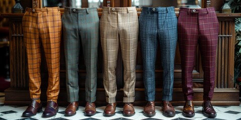 A vibrant display of six pairs of men's plaid pants on mannequins in a row, showcasing various colorful patterns with coordinating leather shoes in a stylish boutique