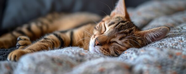 Obraz premium A close-up photograph of a peacefully sleeping tabby cat on a cozy textured blanket, showcasing its relaxed demeanor and the intricate patterns of its fur and fabric