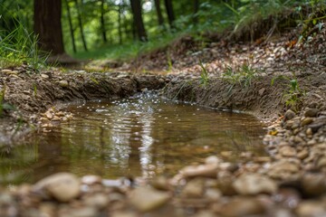 Fototapeta premium A serene forest creek with crystal-clear water flowing gently, surrounded by lush green trees and vibrant foliage, showcasing the beauty of nature