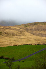 Irish farmland colors below the clouds.