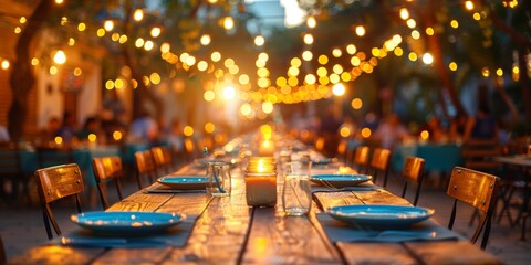 Beautiful outdoor dining area in a charming patio with wooden tables, chairs, cloth napkins, and string lights creating a warm and inviting ambiance during sunset