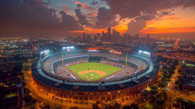 A breathtaking aerial view of a packed baseball stadium at sunset with a stunning city skyline in the background, encapsulating the vibrant atmosphere of game night