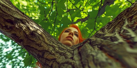 Obraz premium A woman with vibrant red hair gazes thoughtfully through the thick branches and lush green leaves of a large tree, creating a serene connection with nature