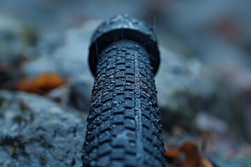 Macro shot of a black bicycle handlebar grip covered in dew, set against a blurred background of rocks and fallen autumn leaves on a damp day
