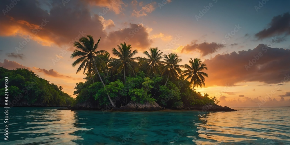 Wall mural deserted tropical island sunset wide angle panoramic symmetric banner background - Wall murals