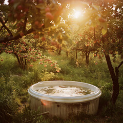 Fototapeta premium A fantasy picturesque garden with a hot tub in the sunset. A fantastic getaway in the countryside with a fairy in the field, a dreamy vibe with gorgeous sunrise and sunset views 