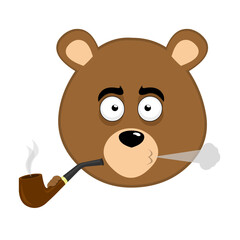 vector illustration face brown bear grizzly cartoon smoking and exhaling pipe tobacco smoke