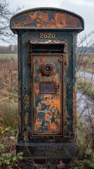 An aged and weathered green and brown vintage cast-iron post box with the number 2620, exhibiting rust and wear, standing amidst a rural landscape