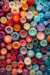 An abundant collection of small candles in various colors and shapes, tightly arranged to fill the entire frame. The candles display a range of hues from pastel to bright.