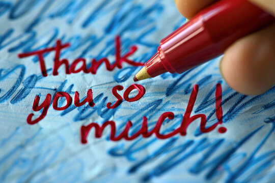 Handwriting "Thank You So Much!" in Red Marker on Blue Scribbled Paper