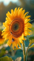 Fototapeta premium A bee pollinating a sunflower on a sunny summer day. 