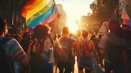 Fototapeta premium A vibrant image displaying a diverse group of individuals participating in a Pride march, capturing the joy, sunlit ambiance, and feeling of unity under a large rainbow flag