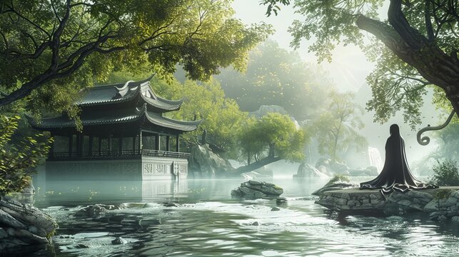 Harmonious Reflection: A Serene Individual Contemplating Laozi's Daoist Philosophy by a Flowing River with Yin-Yang Symbols and Ancient Trees