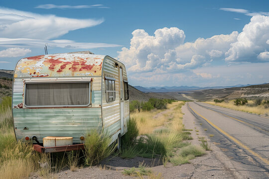 Copy space of a caravan standing on an American scenic Route 66 highway, suitable for a travel and vacation wallpaper, with plenty of room for copy space and personalization