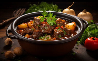 Beef Bourguignon in a clay pot on a dark background