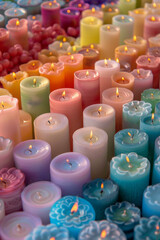 An abundant collection of small candles in various colors and shapes, tightly arranged to fill the entire frame. The candles display a range of hues from pastel to bright.