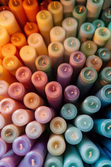 An abundant collection of small candles in various colors and shapes, tightly arranged to fill the entire frame. The candles display a range of hues from pastel to bright.