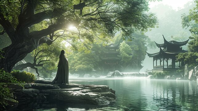 Immersed in Laozi's Daoist Philosophy: A Serene Individual by a Flowing River with Ancient Trees and Traditional Pavilions, Highlighting Tranquility and Natural Harmony