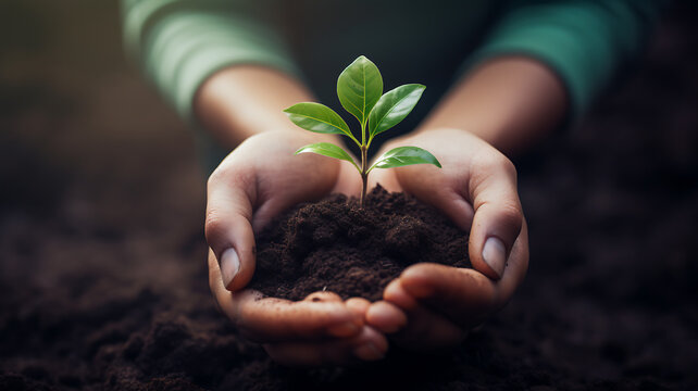 Close up of human hands holding green plant with soil over blurred background
