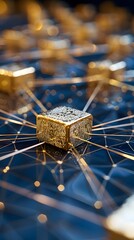 Gold bars with digital network connections on a dark background. Studio macro shot with light effects