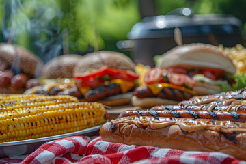 Hot dogs, corn and burgers on 4th of July picnic in patriotic theme. Celebrating Independence Day with traditional American cookout.