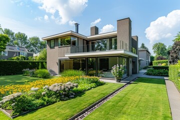 A garden with a terrace and a lawn, in front of a modern house