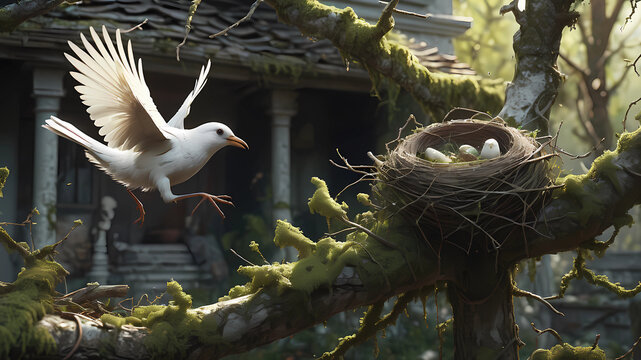 A white bird running around building her nest from twigs and moss on a tree branch, 8k, epic, magical, photorealistic render, octane render, unreal engine 5 , extremely detailed, intricate, cinematic 