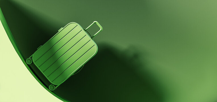 Green travel luggage on mint green background with copy space. Travel concept design. 3D Rendering, 3D Illustration